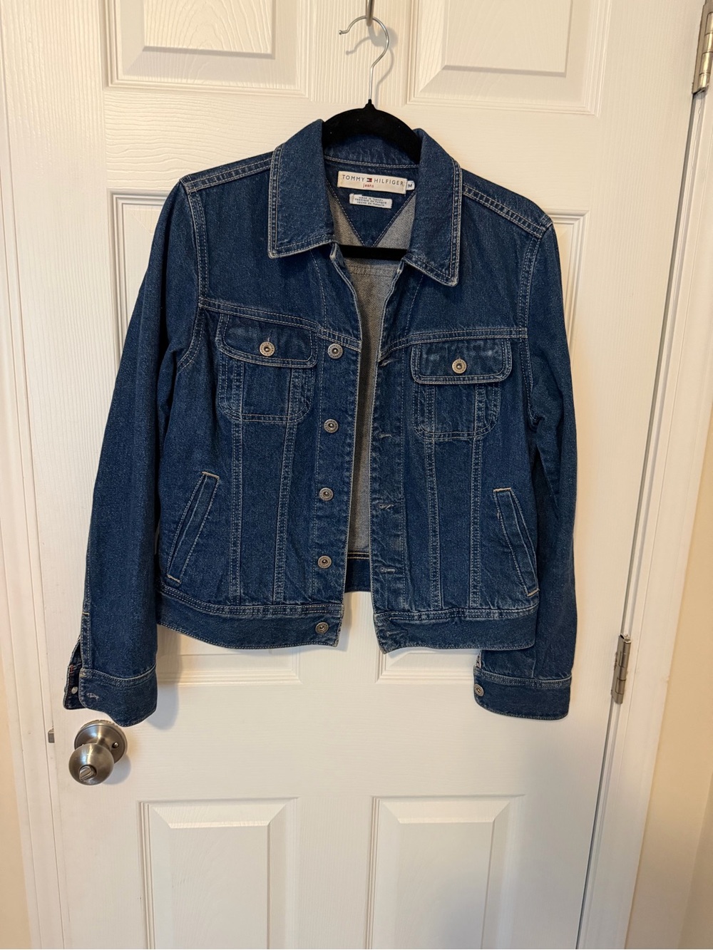 Tommy Hilfiger Medium Blue Denim Jacket with Contrast Stitching 100% Cotton Y2K